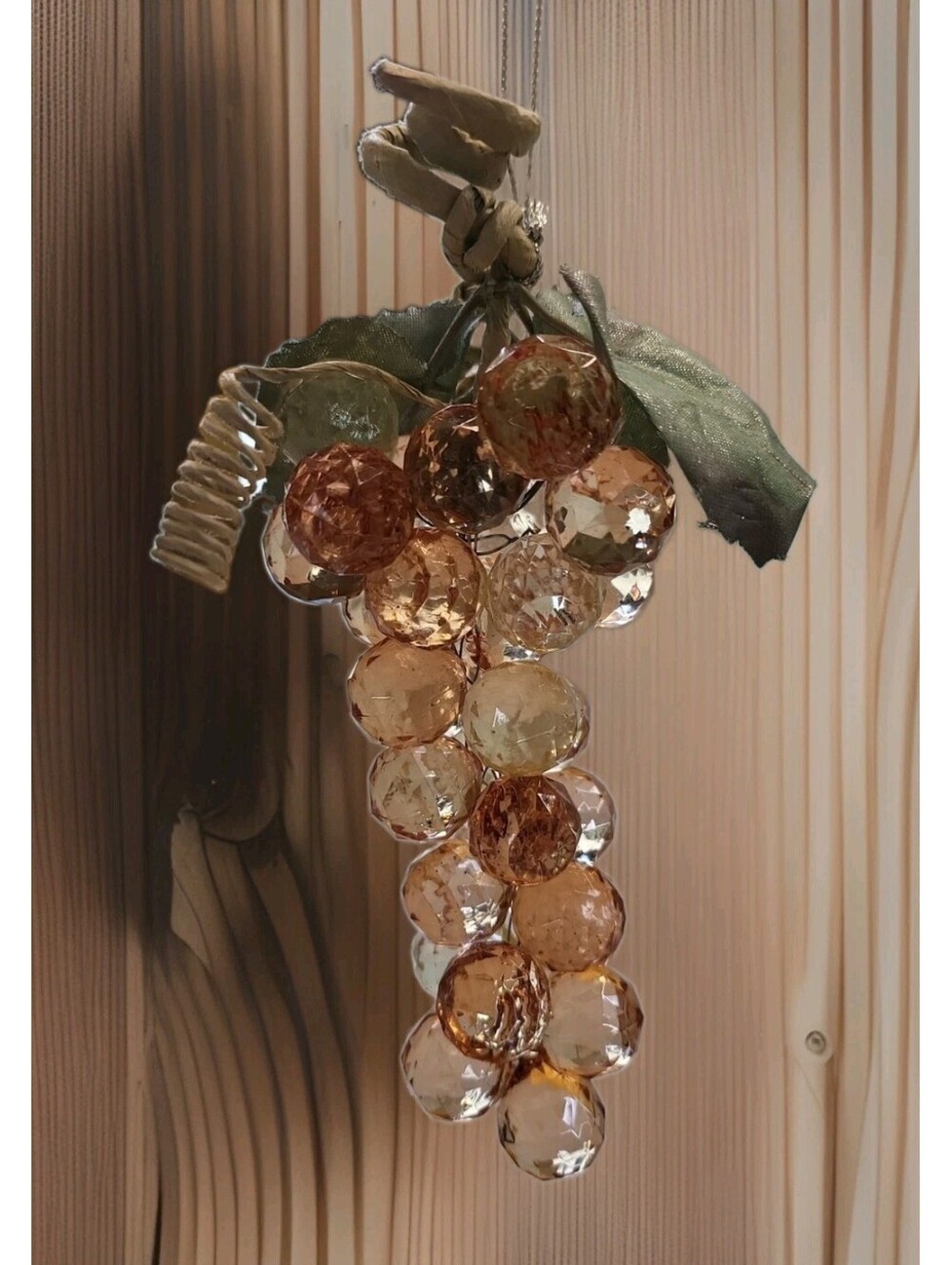6.5" Vintage Acrylic Lucite Faceted Green LightAmber Cluster Clear Vine Ornament